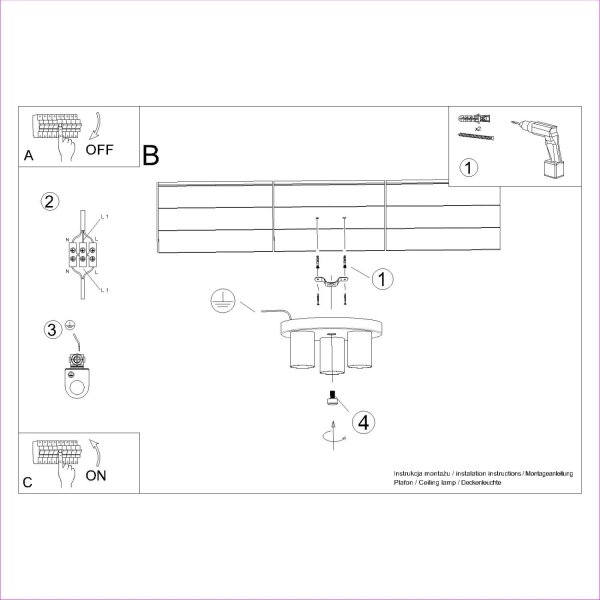 Deckenlampe Stahl Schwarz GU10 rund B:25 cm 3-flammig