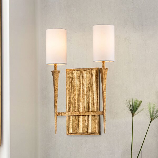 Wandlampe Metall Stoff 45,7 cm hoch 2x E14 Blattgold Weiß
