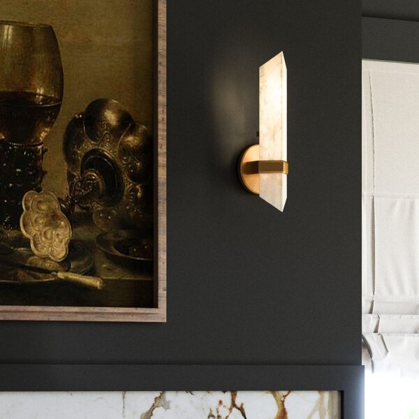 Wandlampe Alabaster Metall 38,1 cm E27 in Messing antik Weiß