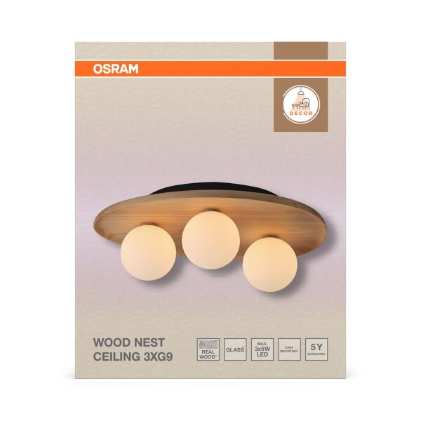 Deckenleuchte Weiß Holz Glas G9 L:50 cm blendarm OSRAM