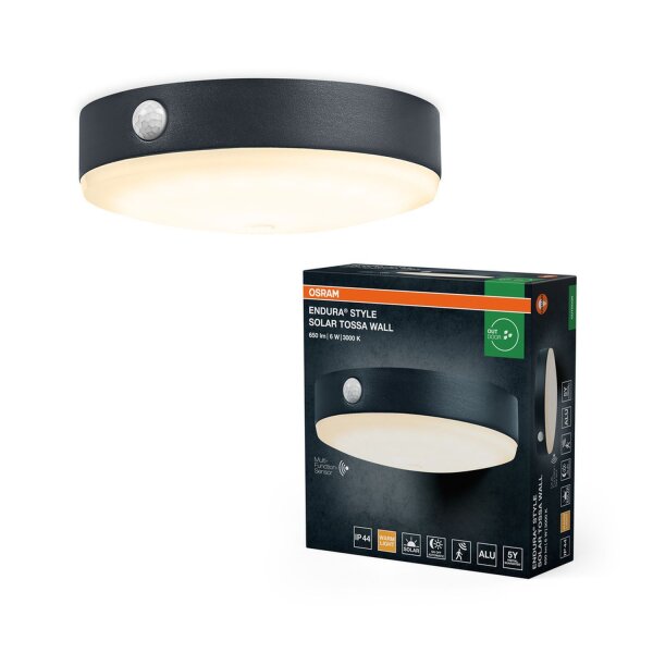 LED Solar Deckenleuchte Sensor Schwarz Alu 3000K IP44