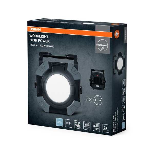 LED Arbeitsleuchte Alu 6500K IP54 H36,8cm Steckdosen
