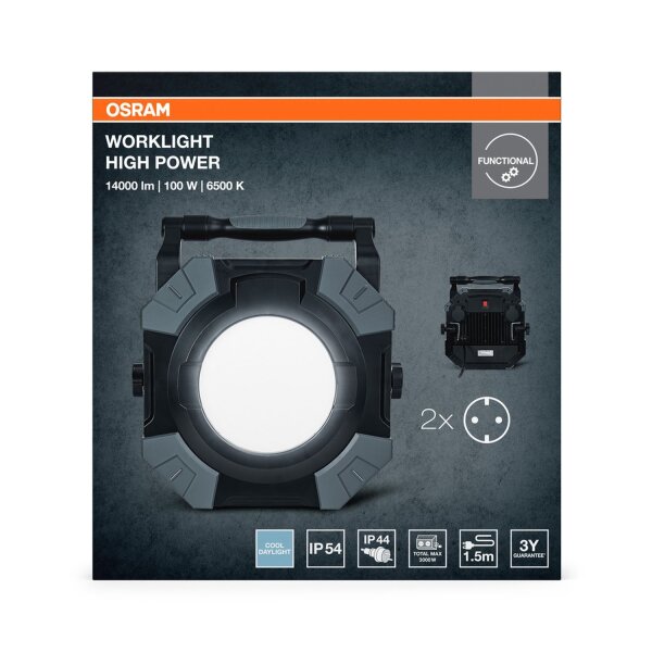 LED Arbeitsleuchte Alu 6500K IP54 H36,8cm Steckdosen