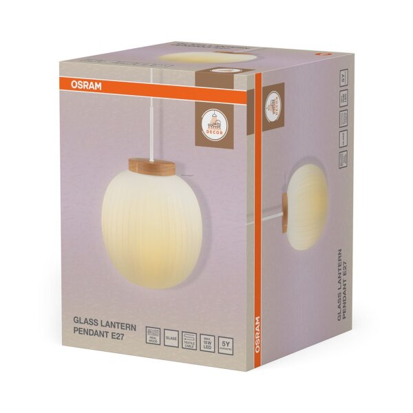Pendelleuchte Holz Glas E27 Ø31 cm rund blendarm OSRAM
