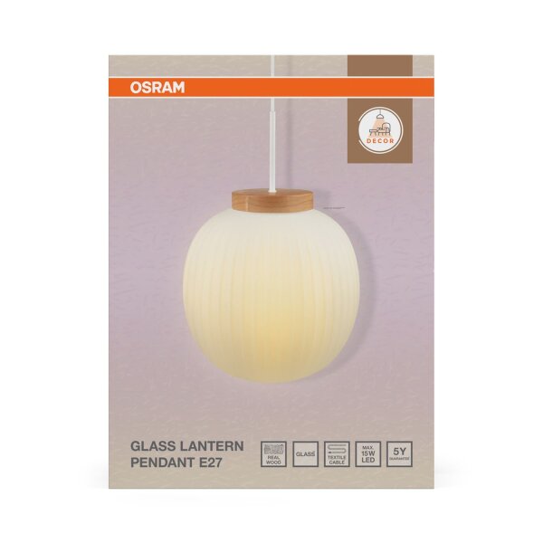 Pendelleuchte Holz Glas E27 Ø31 cm rund blendarm OSRAM