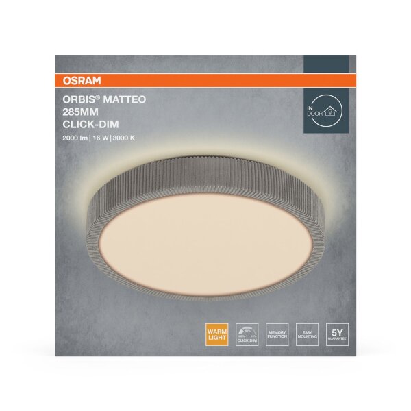 LED Deckenleuchte Click-DIM Stoff Grau rund 3000K OSRAM