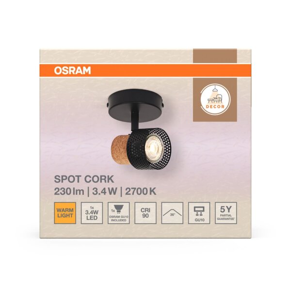Wandspot Schwarz Kork Braun GU10 B:9 cm OSRAM