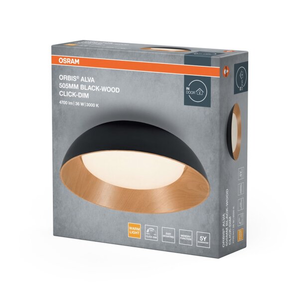 LED Deckenleuchte Click-DIM Schwarz Holz 3000K Ø50,5cm