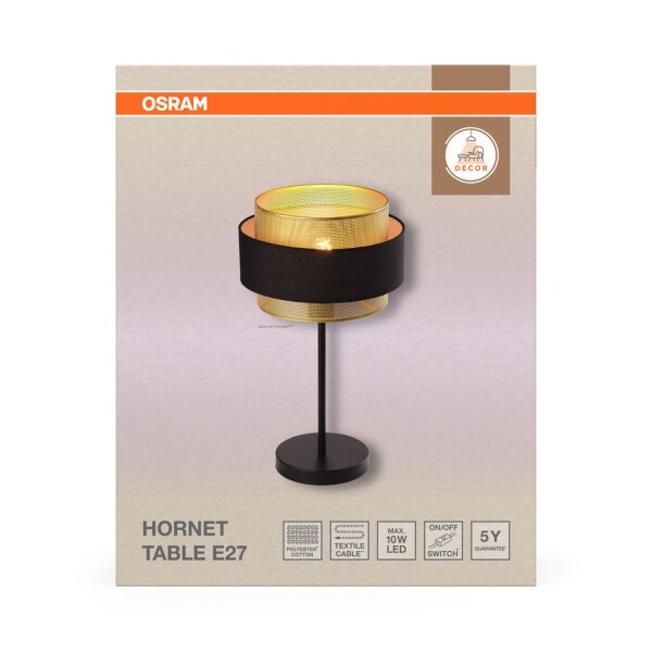 Tischleuchte Schwarz Stoff Gold E27 H:44 cm OSRAM