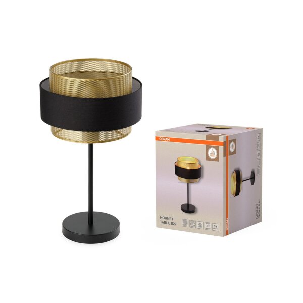 Tischleuchte Schwarz Stoff Gold E27 H:44 cm OSRAM