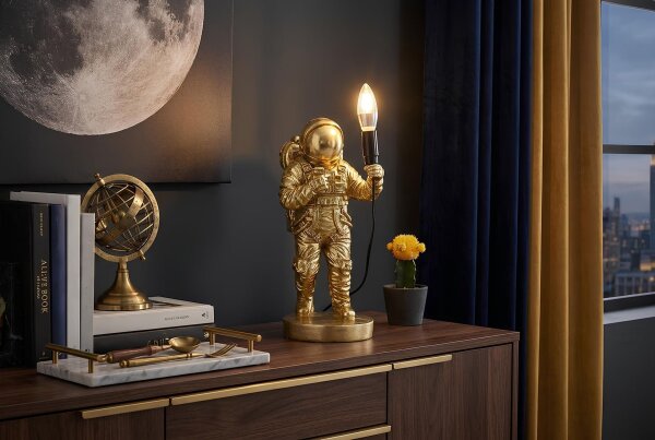 Tischleuchte Statue Astronaut 36,5 cm in Gold E14 Handarbeit