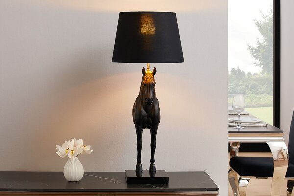 Tischlampe Schwarz Gold 75 cm hoch Pferd E27 Stoffschirm