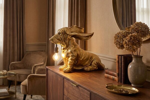Deko Tischleuchte in Gold 50 cm hoch Dackel Statue E27