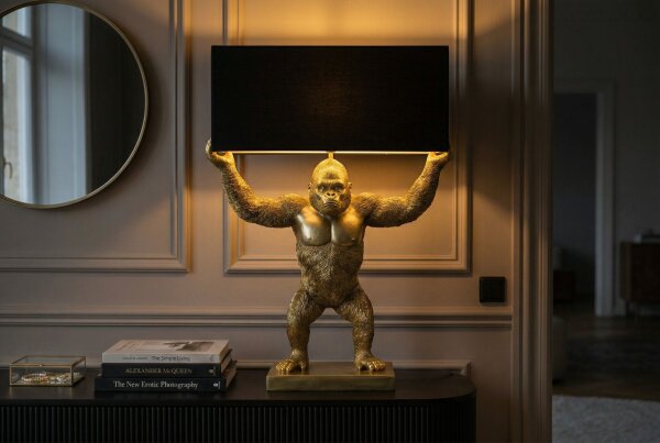 Tischlampe Stoff Polyresin 50 cm Gorilla in Gold Schwarz E27