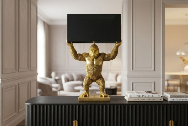 Tischlampe Stoff Polyresin 50 cm Gorilla in Gold Schwarz E27