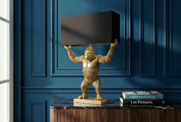 Tischlampe Stoff Polyresin 50 cm Gorilla in Gold Schwarz E27