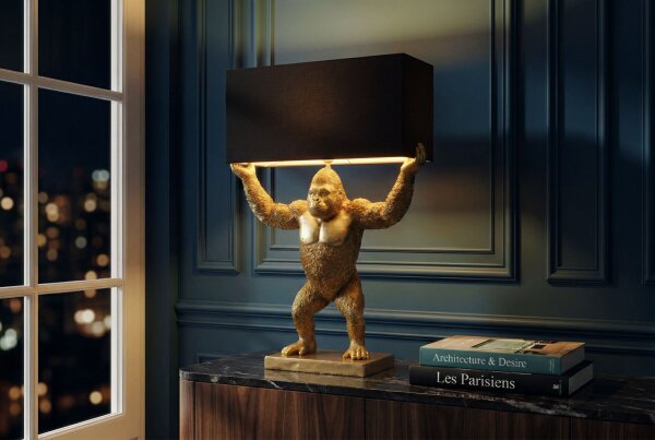 Tischlampe Stoff Polyresin 50 cm Gorilla in Gold Schwarz E27