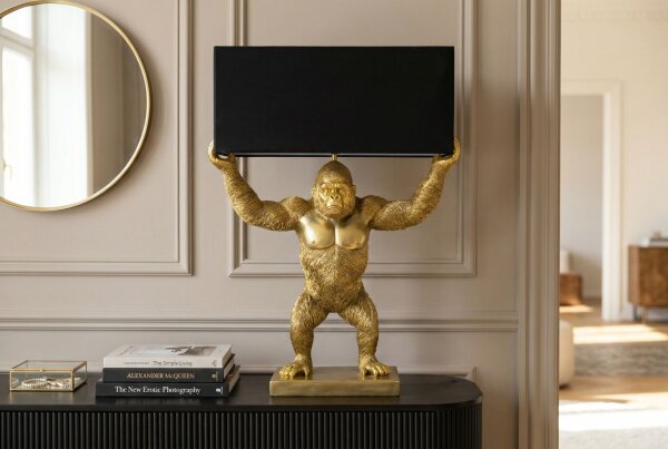 Tischlampe Stoff Polyresin 50 cm Gorilla in Gold Schwarz E27