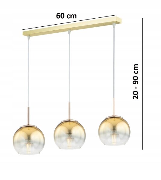 Pendelleuchte 3-flammig Metall Glas Gold E27 L:60 cm Leuchte