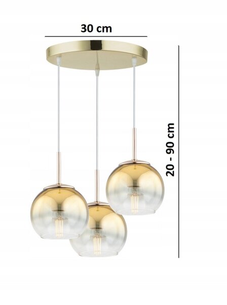 Pendelleuchte 3-flammig Metall Glas Gold E27 L:30 cm Leuchte