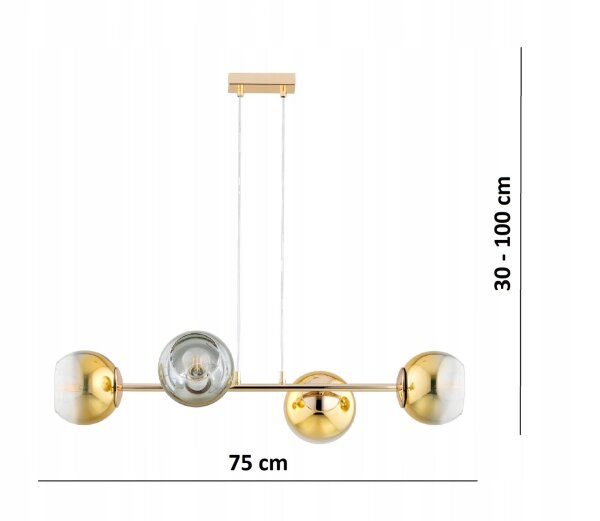 Pendelleuchte 4-flammig Glas Metall Gold E27 L:75 cm Leuchte