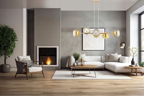 Pendelleuchte 6-flammig Glas Gold E27 L:90 cm Modern Leuchte