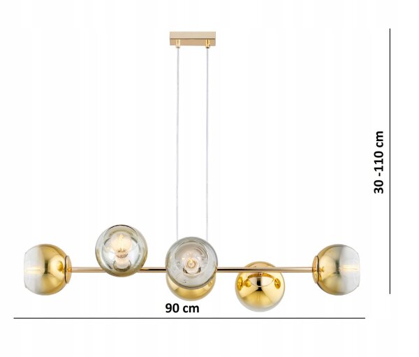 Pendelleuchte 6-flammig Glas Gold E27 L:90 cm Modern Leuchte