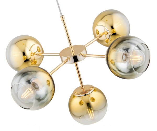 Pendelleuchte 5-flammig Glas Metall Gold E27 L:60 cm Leuchte