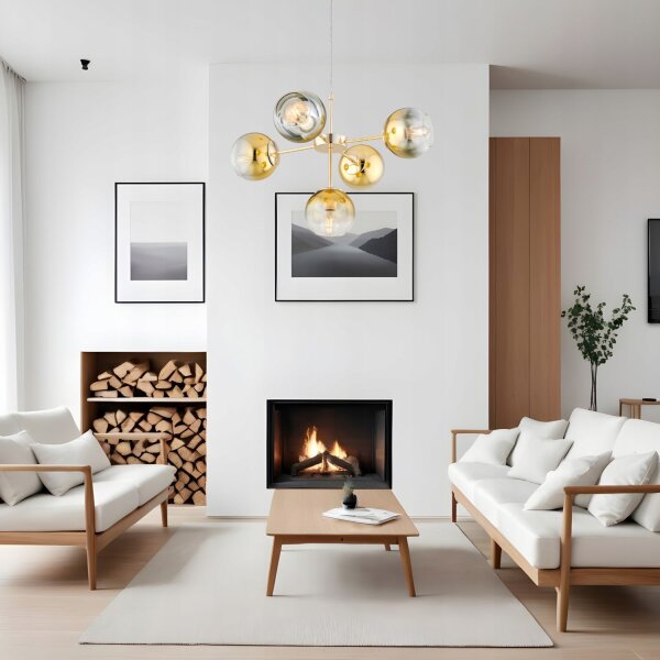 Pendelleuchte 5-flammig Glas Metall Gold E27 L:60 cm Leuchte