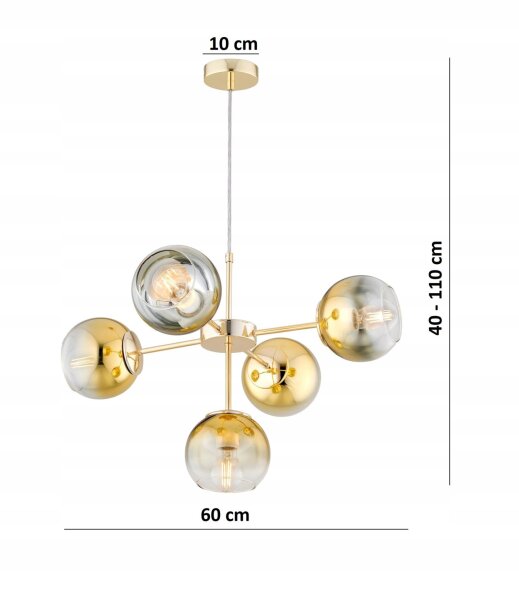 Pendelleuchte 5-flammig Glas Metall Gold E27 L:60 cm Leuchte
