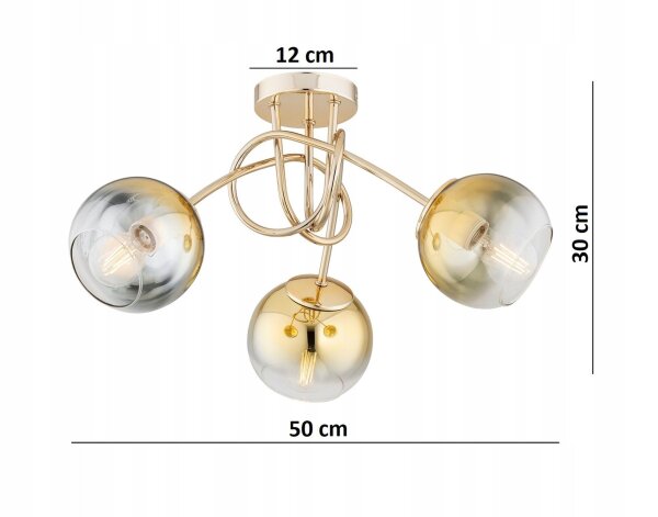 Deckenleuchte 3-flammig Glas Gold E27 B:50 cm blendarm Leuchte