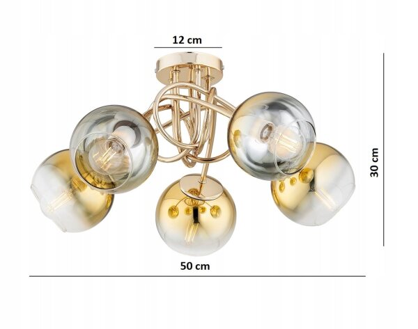 Deckenleuchte 5-flammig Glas Metall Gold E27 B:50 cm Leuchte