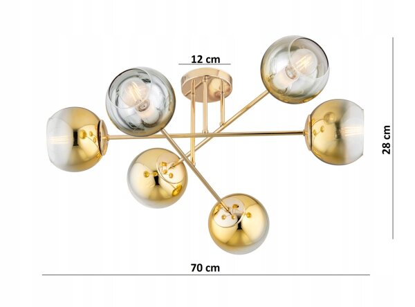 Deckenleuchte 6-flammig Glas Gold E27 L:70 cm blendarm Leuchte
