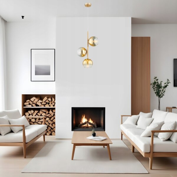 Pendelleuchte 3-flammig Glas Metall Gold E27 B:30 cm Leuchte