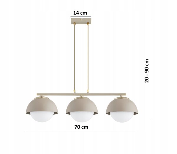 Hängelampe Glas Metall Beige 3-flammig E27 L:70 cm Leuchte
