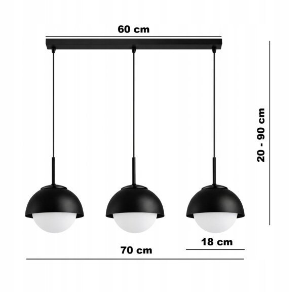 Hängelampe 3-flammig Glas Metall Schwarz E27 L:60 cm Leuchte