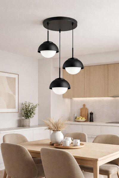Hängelampe 3-flammig Glas Metall Schwarz E27 B:40 cm Leuchte