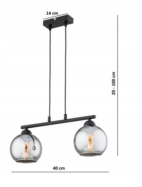 Hängelampe 2-flammig Rauchglas Schwarz E27 L:30 cm Leuchte