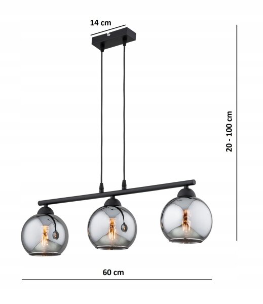 Hängelampe 3-flammig Rauchglas Schwarz E27 L:60 cm Leuchte
