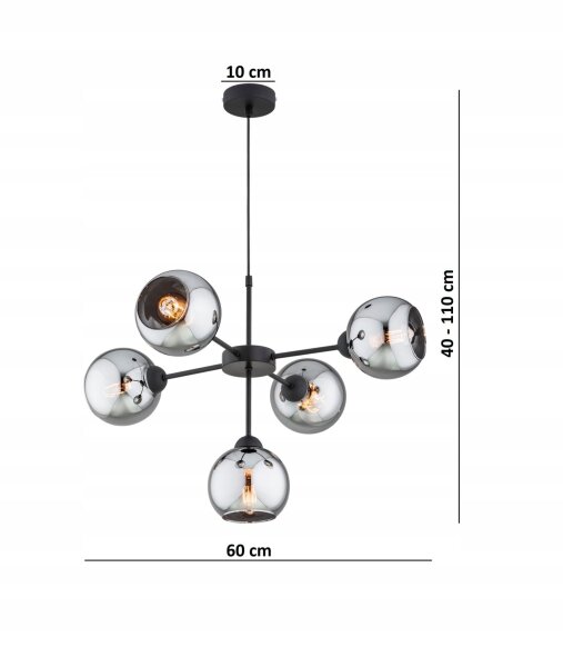 Hängelampe 5-flammig Rauchglas Schwarz E27 B:60 cm Leuchte