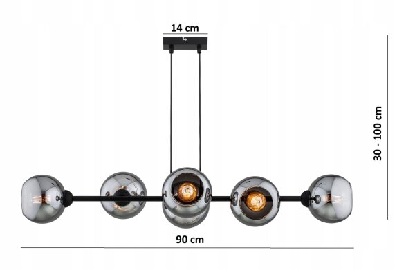 Hängelampe 6-flammig Rauchglas Schwarz E27 L:90 cm Leuchte