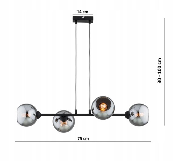 Pendelleuchte 4-flammig Rauchglas Schwarz E27 L:90 cm Leuchte