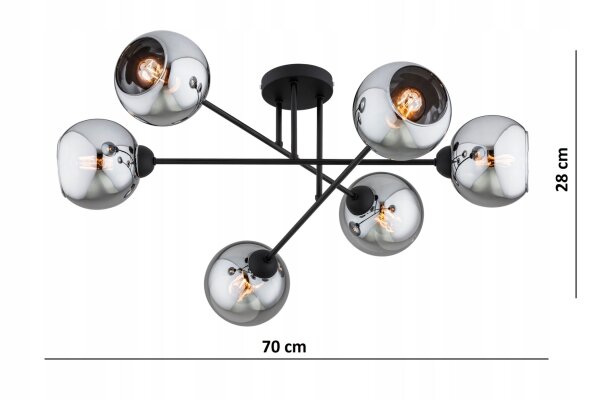 Deckenlampe 6-flammig Rauchglas Schwarz E27 L:70 cm Leuchte