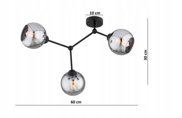 Deckenlampe 3-flammig Rauchglas Schwarz E27 L:70 cm Leuchte