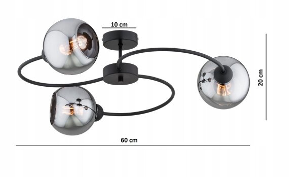 Deckenlampe Rauchglas Schwarz 3-flammig E27 L:70 cm Leuchte