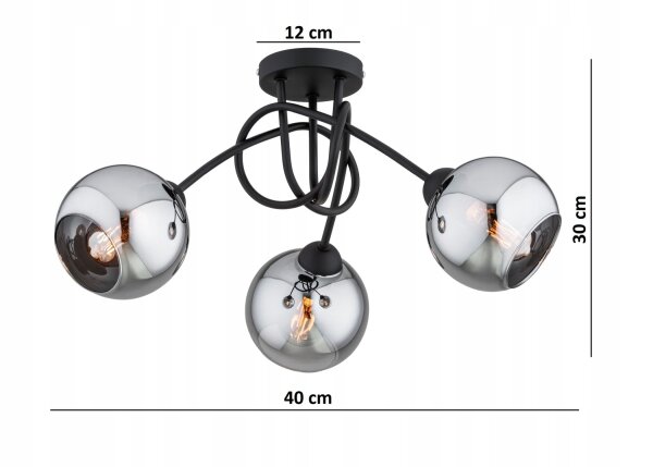 Deckenlampe 3-flammig Rauchglas Schwarz E27 B:40 cm Leuchte
