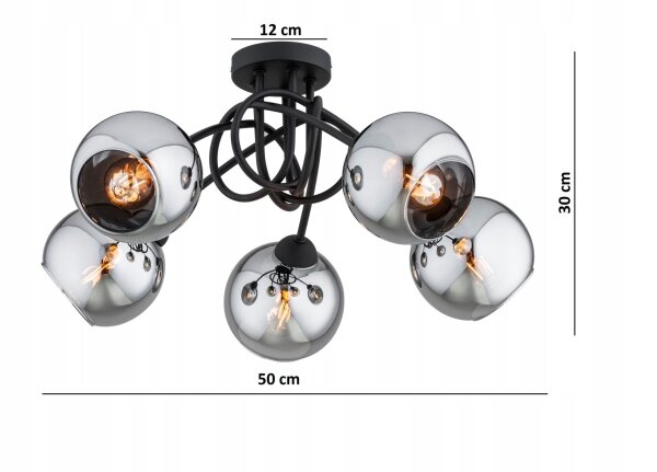 Deckenleuchte 5-flammig Rauchglas Schwarz E27 B:50 cm Leuchte