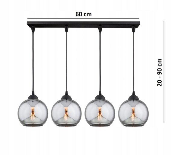 Hängelampe 4-flammig Rauchglas Kugel Schwarz E27 60 cm Leuchte