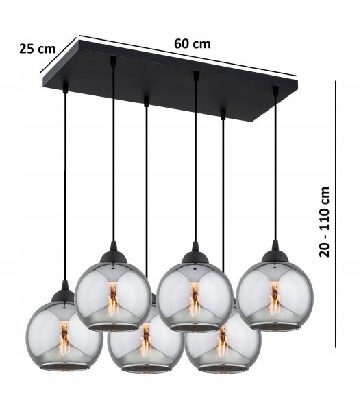 Hängelampe 6-flammig Rauchglas Schwarz E27 L:60 cm Leuchte