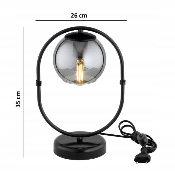 Tischleuchte Rauchglas Metall Schwarz E27 35 cm Modern Leuchte